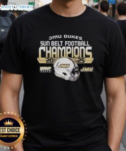 Alt Text: Official James Madison University Dukes Sun Belt Football Champions 2025 T-Shirt featuring team logo and celebratory design.