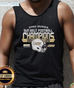 James Madison University Dukes 2025 Sun Belt Football Champions tank top featuring team colors and logo design.