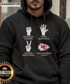 Alt Text: Official Kansas City Chiefs hoodie featuring Nothing Beats Rock, Scissors, Paper Beats Rock, Scissors Beats Paper design.