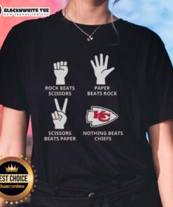 Official Kansas City Chiefs ladies tee featuring 'Nothing Beats Rock, Scissors, Paper Beats Rock, Scissors Beats Paper' design.