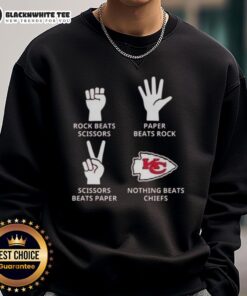 Official Kansas City Chiefs sweatshirt featuring 'Nothing Beats Rock, Beats Scissors, Paper Beats Rock, Scissors Beats Paper' design.