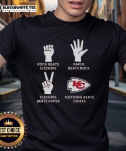 Alt Text: Official Kansas City Chiefs T-Shirt featuring Nothing Beats Rock Beats Scissors Paper Beats Rock Scissors Beats Paper design.