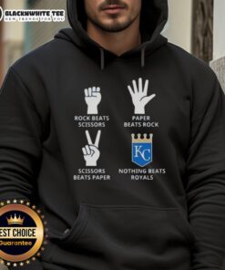 Official Kansas City Royals hoodie featuring 'Nothing Beats Rock, Scissors, Paper Beats Rock, Scissors Beats Paper' design.