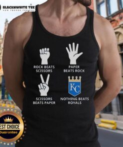 Official Kansas City Royals tank top featuring 'Nothing Beats Rock, Paper, Scissors' design in team colors.