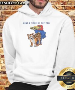 Alt Text: Kansas Jayhawks vs Missouri Tigers rivalry hoodie featuring a Tiger mascot design, perfect for fans of college sports.