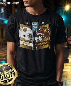 Official Kennesaw State Owls vs Western Michigan Broncos 2025 Myrtle Beach Bowl helmet t-shirt design featuring team logos.