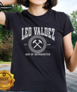 Official Leo Valdez Son of Hephaestus Forge Master Ladies Tee featuring a bold graphic design and vibrant colors.