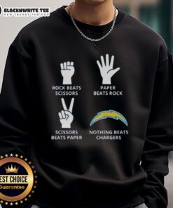 Official Los Angeles Chargers sweatshirt featuring 'Nothing Beats Rock, Paper, Scissors' design in team colors.