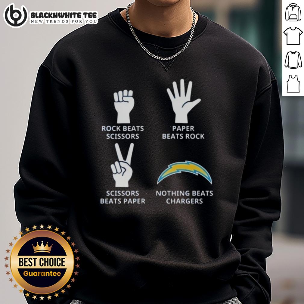 Official Los Angeles Chargers Nothing Beats Rock Beats Scissors Paper Beats Rock Scissors Beats Paper Sweatshirt Official Los Angeles Chargers sweatshirt featuring 'Nothing Beats Rock, Paper, Scissors' design in team colors.