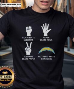 Official Los Angeles Chargers T-Shirt featuring 'Nothing Beats Rock, Paper, Scissors' design for fans.