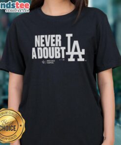 Official Los Angeles Dodgers 2025 Never A Doubt World Series Champions ladies tee in blue, celebrating the victory.