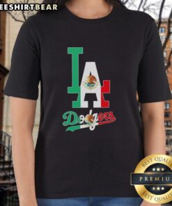Official Los Angeles Dodgers Baseball ladies tee featuring a Mexican flag design, perfect for fans and stylish outfits.