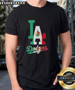 Alt Text: Official Los Angeles Dodgers Baseball t-shirt featuring the Mexican flag design for fans and sports enthusiasts.