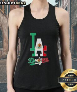 Alt Text: Official Los Angeles Dodgers baseball tank top featuring a vibrant Mexican flag design, perfect for fans.