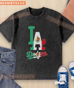 Official Los Angeles Dodgers baseball t-shirt featuring a vibrant Mexican flag design, perfect for fans and collectors.