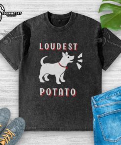 Alt Text: Official Loudest Potato Dog Washed T-Shirt featuring a playful design of a dog with potato graphics.