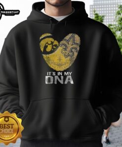 Official Louisiana City Sports hoodie featuring Iowa Hawkeyes and New Orleans Saints DNA fingerprint heart design.