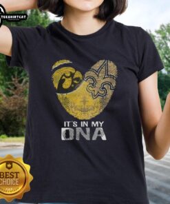 Official Louisiana City Sports Iowa Hawkeyes x New Orleans Saints ladies tee featuring DNA fingerprint heart design.