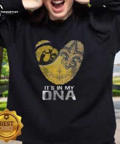 Alt Text: Official Louisiana City Sports sweatshirt featuring Iowa Hawkeyes and New Orleans Saints DNA fingerprint heart design.