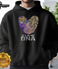 LSU Tigers x New Orleans Saints hoodie featuring a heart design and DNA fingerprint, perfect for Louisiana sports fans.