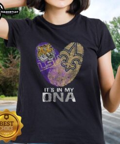Official Louisiana City Sports LSU Tigers x New Orleans Saints ladies tee featuring a DNA fingerprint heart design.