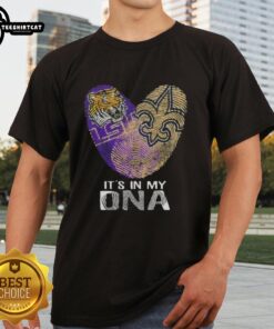 LSU Tigers x New Orleans Saints fingerprint heart T-shirt showcasing Louisiana city sports pride and passion.