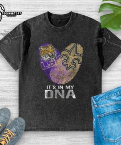 Alt Text: LSU Tigers x New Orleans Saints 'It's In My DNA' heart graphic washed t-shirt, perfect for Louisiana city sports fans.