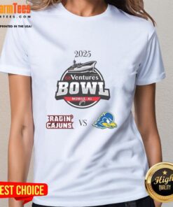 Official Louisiana Ragin' Cajuns vs Delaware Blue Hens 2025 Ventures Bowl ladies tee featuring vibrant team logos.