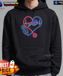 Buffalo Bills hoodie featuring stethoscope headphones, perfect for fans who love sports and music.