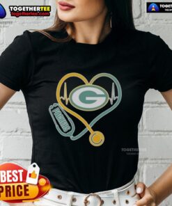 Official Love Green Bay Packers Stethoscope Headphones Tee for Ladies, perfect for passionate football fans.