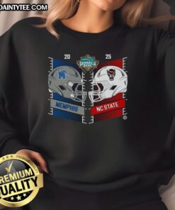 Alt Text: Official Memphis Tigers vs North Carolina State Wolfpack 2025 Gasparilla Bowl sweatshirt featuring dueling helmets.