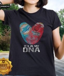 Official Miami City Sports Dolphins X Heart Ladies Tee featuring a DNA fingerprint heart design for fans.