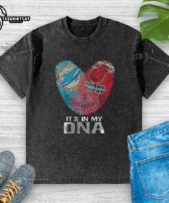 Official Miami City Sports Dolphins X Heart DNA fingerprint heart washed T-shirt, showcasing team spirit and style.