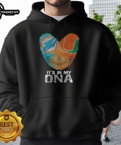 Official Miami City Sports hoodie featuring Dolphins and Hurricanes logos, with 'It's In My DNA' heart design.