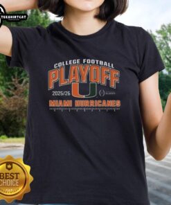 Official Miami Hurricanes 2025 College Football Playoffs ladies tee featuring team logo and vibrant colors.