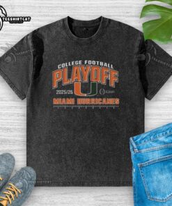 Alt Text: Official Miami Hurricanes 2025 College Football Playoffs washed t-shirt showcasing team pride and vibrant colors.
