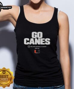 2025 CFB Playoff slogan tank top featuring the official Miami Hurricanes logo and vibrant team colors.
