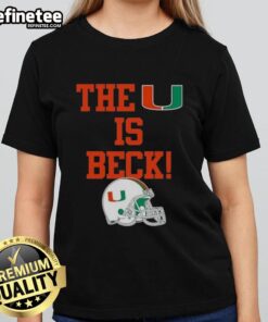 Alt Text: Official Miami Hurricanes Football 'The U Is Beck' helmet ladies tee featuring vibrant team colors and logo.