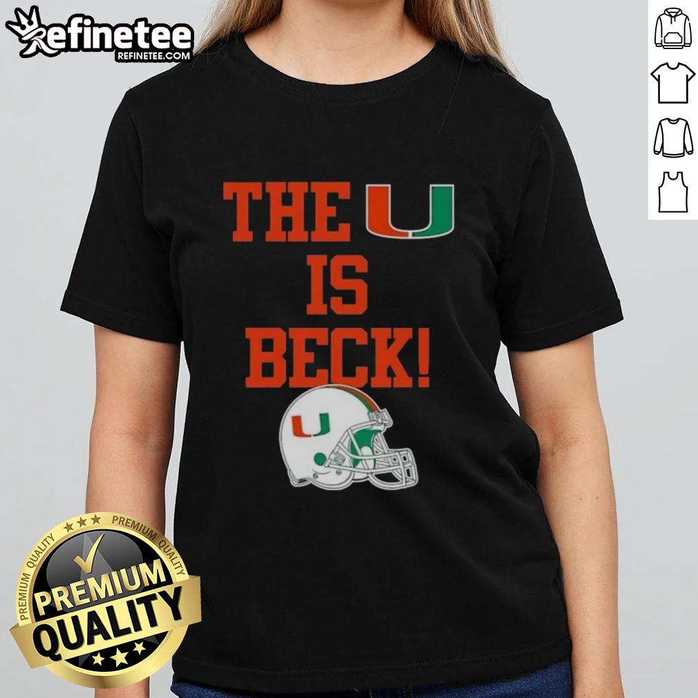official-miami-hurricanes-football-the-u-is-beck-helmet-ladies-tee Alt Text: Official Miami Hurricanes Football 'The U Is Beck' helmet ladies tee featuring vibrant team colors and logo.