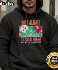Alt Text: Official Miami Hurricanes vs Texas A&M Aggies 2025 college football helmets featured on a playoff hoodie.
