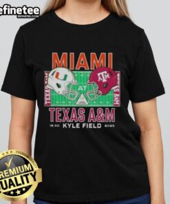 Official Miami Hurricanes vs Texas A&M Aggies 2025 college football helmets on a ladies tee shirt design.