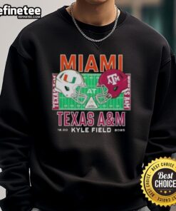 Alt Text: Miami Hurricanes vs Texas A&M Aggies 2025 college football helmets design on a stylish playoff sweatshirt.