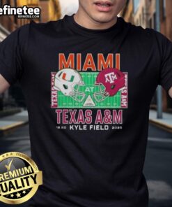 Official Miami Hurricanes vs Texas A&M Aggies 2025 College Football Helmets Playoff T-Shirt featuring team logos.