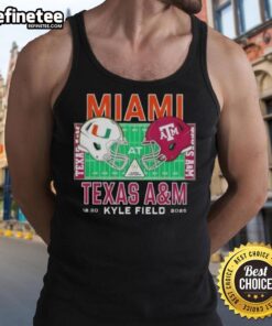 Alt Text: Official Miami Hurricanes vs Texas A&M Aggies 2025 college football helmets on a playoff tank top design.