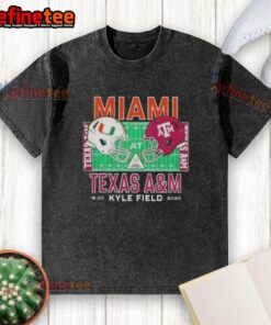 Alt Text: Official Miami Hurricanes vs Texas A&M Aggies 2025 college football helmets on a washed t-shirt for fans.