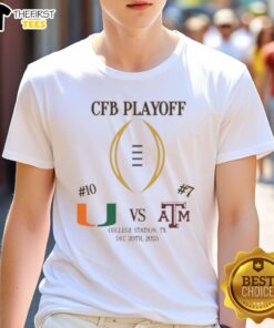 Official Miami Hurricanes vs Texas A&M Aggies 2025 College Football Playoff Matchup T-Shirt design featuring team logos.