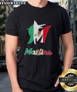 Official Miami Marlins Baseball X Mexican Flag T-Shirt featuring vibrant colors and logo, perfect for sports fans.