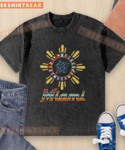 Alt Text: Official Miami Marlins X Hispanic washed t-shirt featuring vibrant colors and a stylish design, perfect for fans.