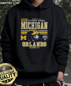 Official Michigan Wolverines Football 2025 Cheez-It Citrus Bowl helmet hoodie featuring team colors and logo.