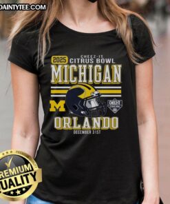 Alt Text: Official Michigan Wolverines Football 2025 Cheez-It Citrus Bowl helmet design on a stylish ladies' tee shirt.